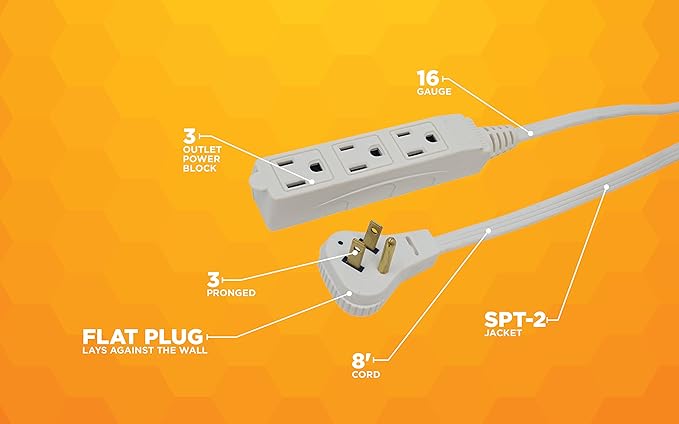 Woods Slimline Indoor Flat Extension Cord,8 Ft,16 Gauge Right Angle Plug,3 Polarized Outlets,125 Volts,White,2241,(Pack of 6)