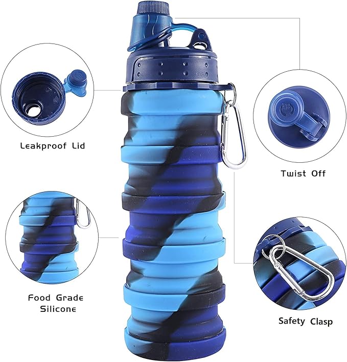 Collapsible Water Bottles 3 pack Travel Water Bottle Portable Hiking Water Bottle with Leak proof Twist Cap 500ML Reusable BPA Free Silicone Water Bottles with Carabiner. (Colorful)