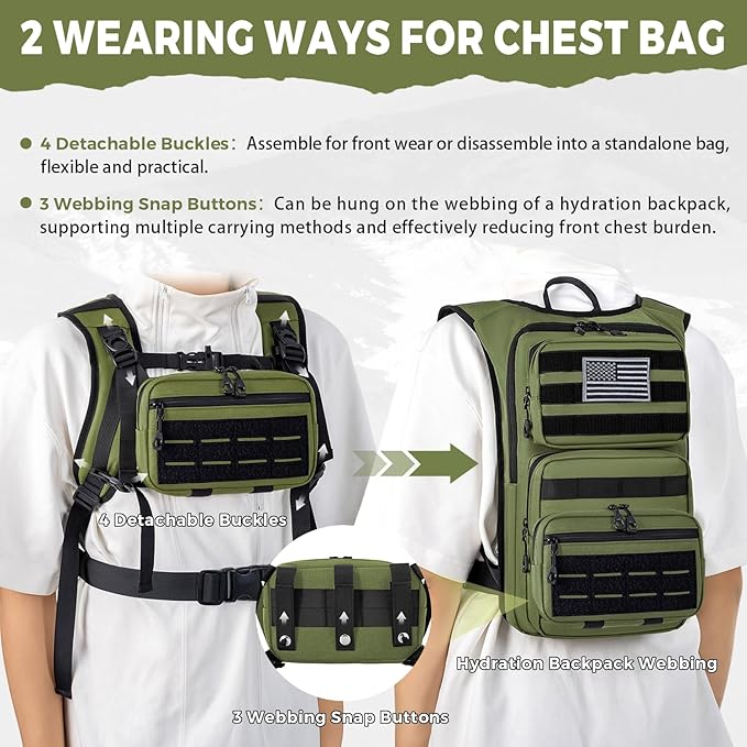 Koculemi Tactical Hydration Backpack with 2L Water Bladder and Front Small Tactical Pouch, Outdoor Water Backpack for Men Women, Sports Hydration Pack for Hiking, Cycling, Climbing
