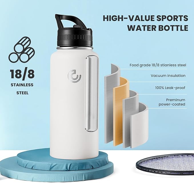 COKTIK 32oz Sports Water Bottle, Stainless Steel Water Bottle for Insulated, Reusable Travel Bottle, With Straw, With Handle Grip for Easy Carrying, Suitable for Cycling, Outdoor Vacations(White)