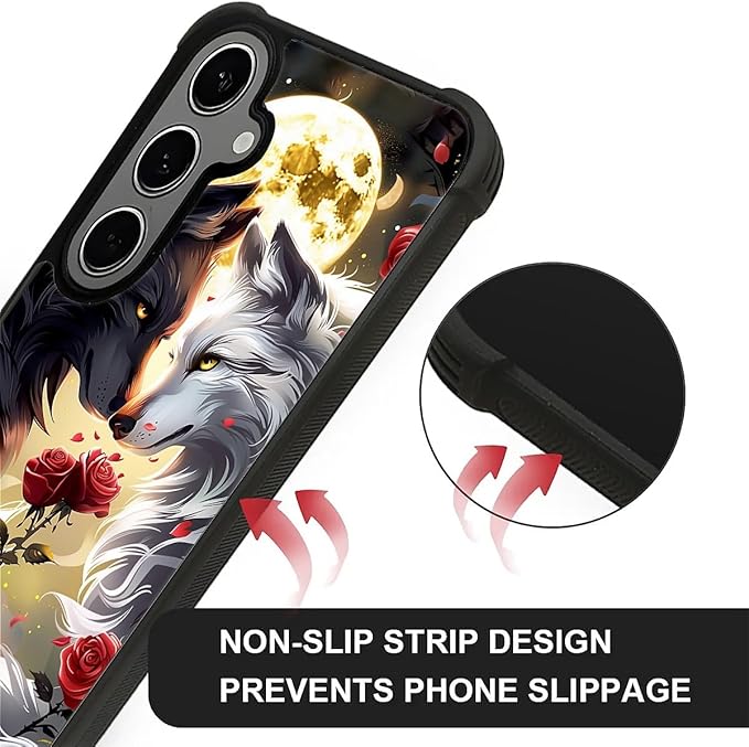for Samsung Galaxy S24 S25 Plus Case, Black White Wolf Moon Flower Rose Pattern Graphic Design Girl Boy Soft Silicone Hard Acrylic Shock Protection for Samsung Galaxy S24 S25 Plus