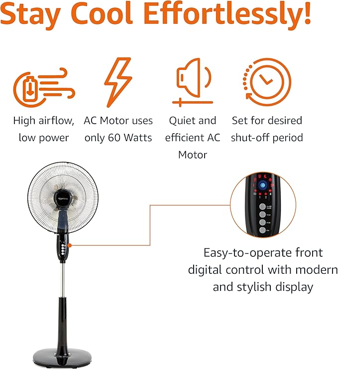 Amazon Basics 16" Pedestal Fan with Remote for Bedroom, Living Room, Office, Adjustable Height, Dual-Layered Blades, 3 Speeds, 3 Modes, Timer, Tilt Head, 60W, Black
