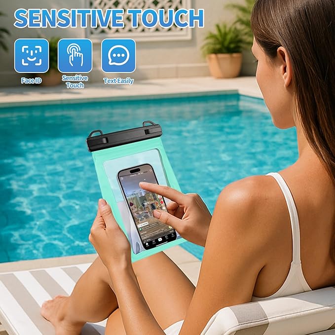 PEDVSTY Large Waterproof Phone Pouch [with Sealing Strip], Cell Phone Dry Bag for iPhone Galaxy All Phones, Floating Water Proof Bag for Beach Water Park Green