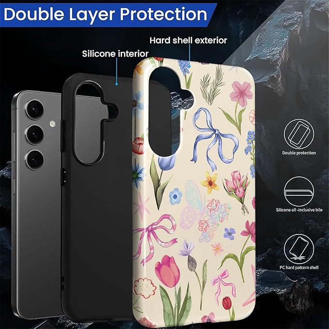 for Samsung Galaxy S24 Plus Case,HL2 Aesthetic Flower Preppy Collage Hybrid 2 Layer Hard Shell Silicone Protective Pattern Design Case