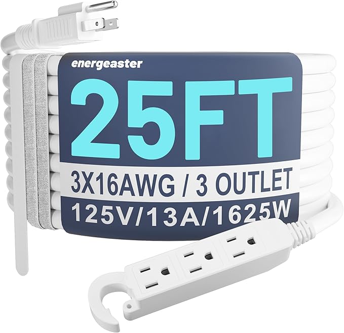 16/3 25 Ft 3 Outlet Extension Cord Indoor, Outdoor White Extension Cords with Multiple Outlets Waterproof, 3 Prong Electrical Cord with Multi Outlet 13A 1625W 16AWG SJTW, ETL Listed