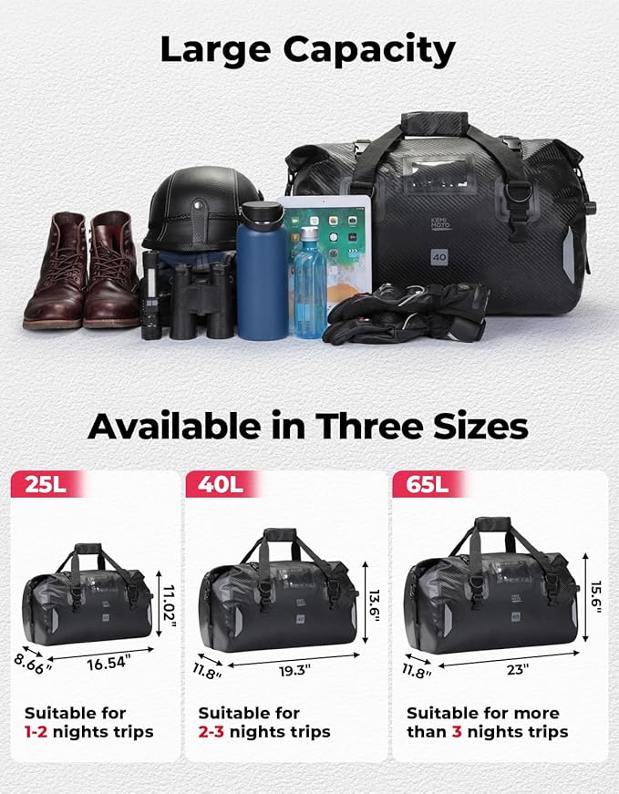 KEMIMOTO Waterproof Motorcycle Dry Bag – Duffle Tail Bag Soft Luggage, 25L/40L/65L Large Capacity with 4 Quick-Release Straps, Dustproof for Touring, Adventure, Motorcycling & Camping Black