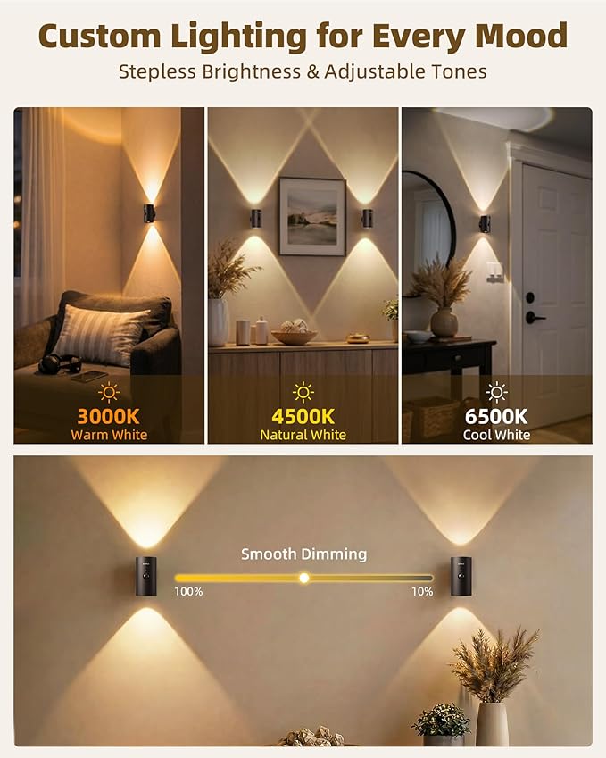 EZVALO Motion Sensor Wall Sconce with Remote, 4000mAh Rechargeable Battery Operated Wall Light, 3 CCT & 12 RGB Colors, Up & Down LED Lighting for Hallway, Stairway (Black, 1 Pack)