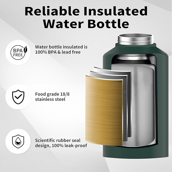 WATERSY 2/3 Gallon Water Bottle Insulated(Cold for 48 Hrs),BPA Free&Leak Proof,87oz Stainless Steel Water Jug/Flask,Big thermo,Large Water Bottle with Handle for Gym,Hiking,Camping,Dark Green