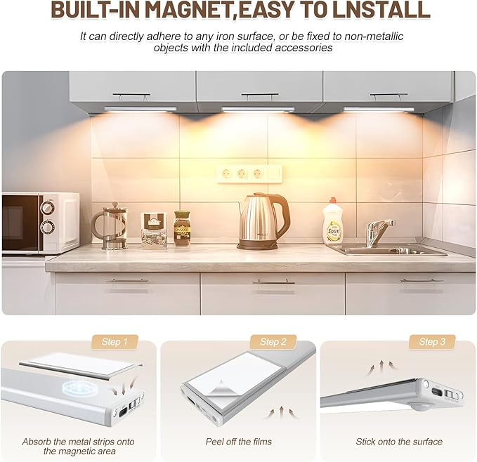 6 Pack Under Cabinet Lights Wireless, 58 LED Motion Sensor Light Indoor Rechargeable Magnetic Closet Lights Battery Operated, Under Counter Lights for Kitchen, Wardrobe, Stairs, Warm Light