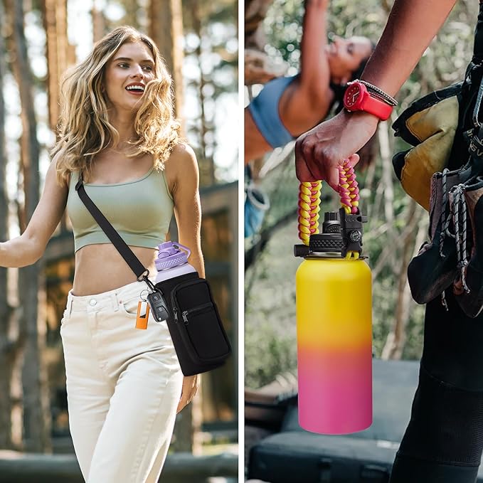 32/40/64 OZ Water Bottle with Straw - Spout Lid, Kepp Cold-48H Hot-24H, Insulated Water Bottles with Strap Carrier Bag, Paracord Handle, Protective Boot, Leakproof Metal Hydro Water Flask