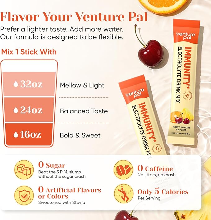 Venture Pal 2-in-1 Hydration + Immune Electrolytes Powder Packets with 7 Electrolytes & 6 Vitamins, Elderberry, Turmeric, Echinacea | Liquid Daily IV Drink Mix | Sugar Free | Keto Friendly, 16 Sticks