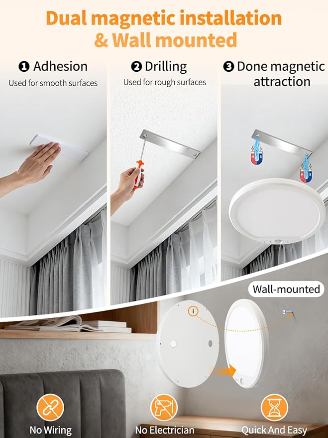 Rechargeable Motion Sensor Ceiling Light with Remote, Magnetic Mount, Cordless, Dimmable 3 Color Temperatures (6500K~3000K), No Wiring LED Light for Closet, Stairs, Hallway, Porch, Pack of 2