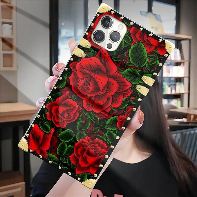 Compatible with iPhone 12 12 Pro Case, Vector Red Rose Green Leaf Luxury Golden Decoration for Girl Women Soft TPU Shockproof Protective Hard PC Back for iPhone 12 12 Pro