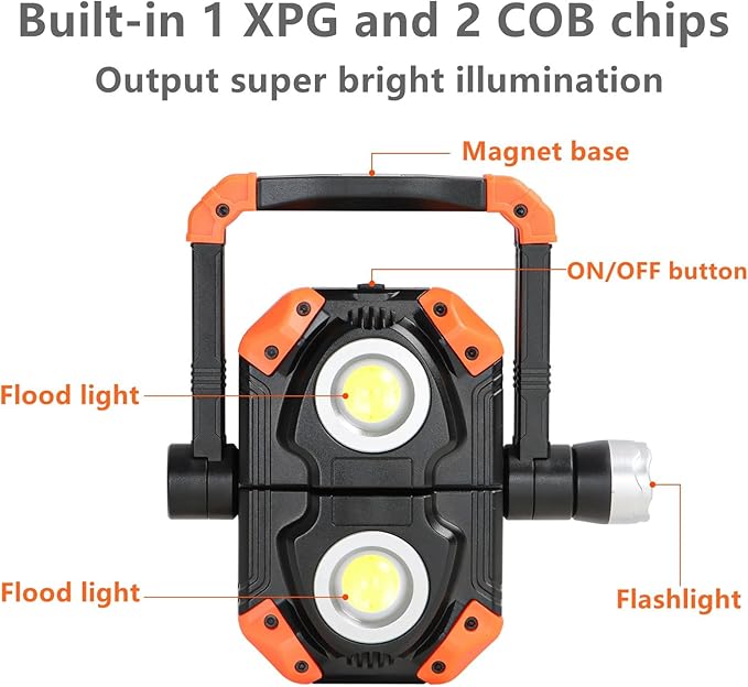 sunzone Rechargeable LED Work Light,Portable Flood Light Spotlight 2 in 1 Job Site Lighting with Magnetic Bases,Rotatable Foldable Waterproof LED Light for Camping,Car Inspection Emergency(2 Pack)