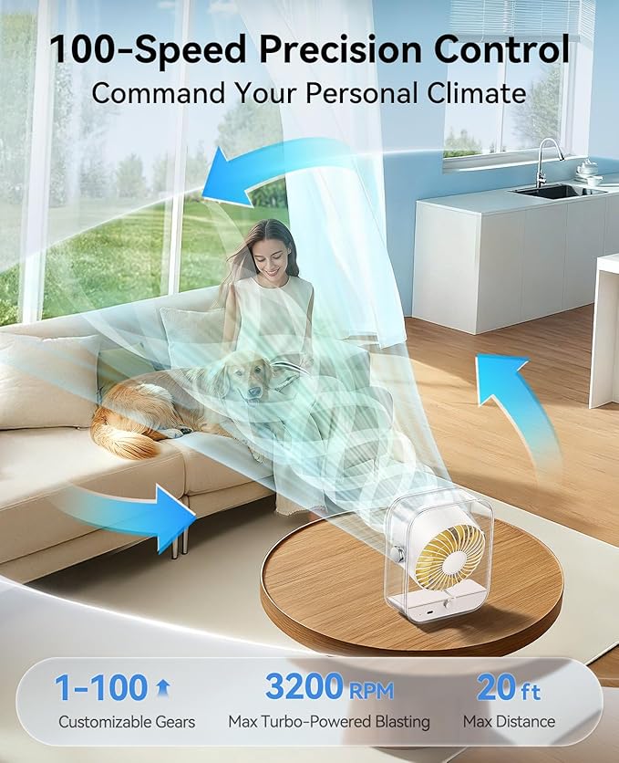 DIGIX Portable Desk Fan for Bedroom, Rechargeable Small Table Fan with 100 Speeds, 90° Rotation, Turbo Airflow, LED Display, Quiet Personal USB Cooling Fan for Office Home Travel Camping, Yellow