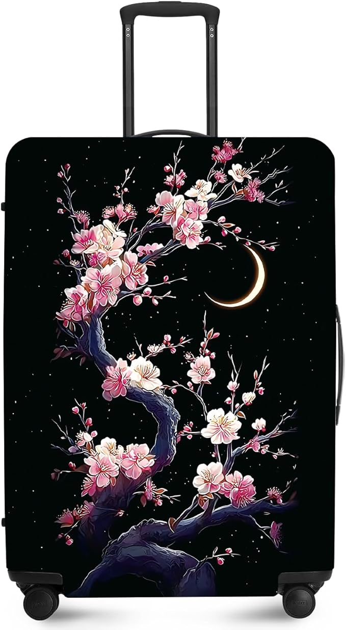 ANNA QUEEN Cherry Blossom & Moon Luggage Cover-Stretchable, Water Resistant & Durable Suitcase Protector,Universal Washable Fit for 20-22 Inch Checked Baggage