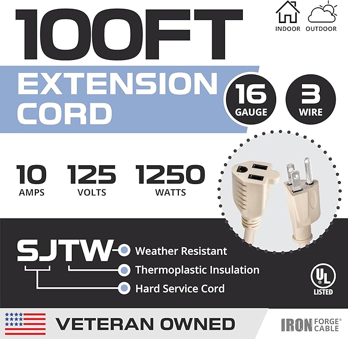 Iron Forge Cable Weatherproof 100 Ft Outdoor Extension Cord - 16/3 SJTW Heavy Duty Light Brown Extension Cord 3 Prong - 10 Amp Exterior Power Cable