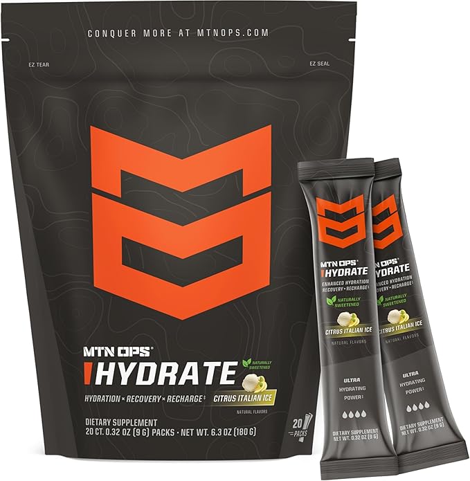 MTN OPS Hydrate Low Sugar Electrolyte Powder Drink Mix with 1g D-Ribose Sugar, Naturally Sweetened with Monk Fruit, On-The-Go Packs, 20 Stick Packs, Citrus Italian Ice