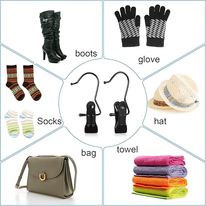 Hotop 20 Pieces Boot Hanger Clips for Closet, Laundry Hanging Hooks Heavy Duty Clips Boot Holder Portable Single Hooks Space Saving for Pants Jeans Clothes Hats Tall Towels (Black)