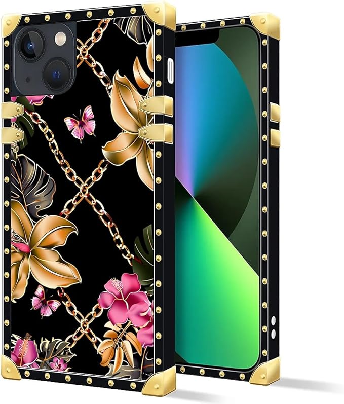 Compatible with iPhone 13 Case, Pink Golden Chain Tropical Flower Luxury Golden Decoration for Girl Women Soft TPU Shockproof Protective Hard PC Back for iPhone 13