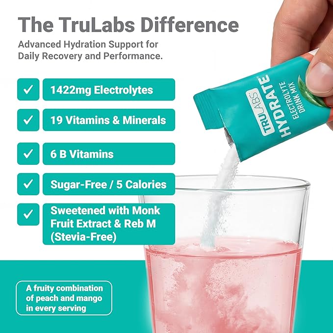 TRULABS Hydrate Electrolyte Drink Mix – Peach Mango Flavor, Sugar-Free Hydration Packets with 1422 mg Electrolytes & 19 Vitamins & Minerals, Monk Fruit Sweetened, On-the-Go Sticks (16 Count)