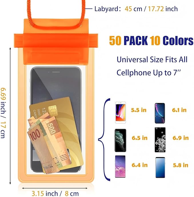 Flutesan 50 Pack Clear Waterproof Phone Pouch Universal Waterproof Phone Case Waterproof Pouch Dry Bag with Lanyard for Water Games Protect