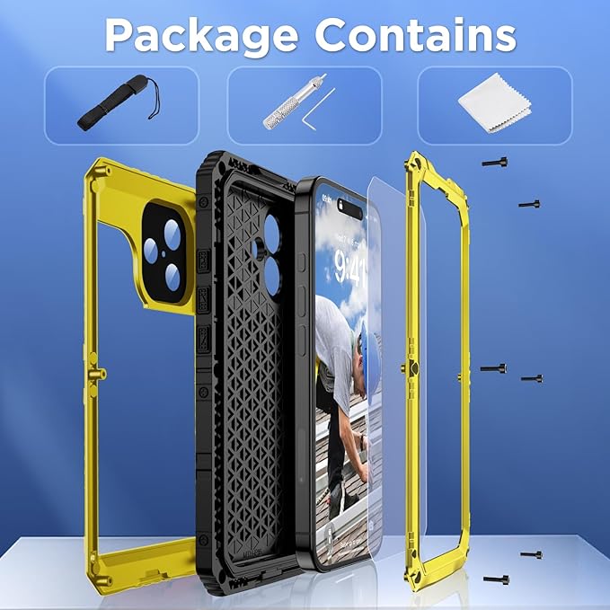 Mitywah Waterproof Case for iPhone 16, Shockproof Heavy Duty Case with Built-in Screen Protector, Underwater Full Body Protective Metal Case 6.1 inch, Yellow