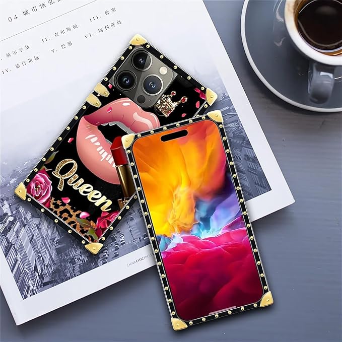 Compatible with iPhone 15 Pro Max Case, Glitter Red Rose Queen Leopard Lipstick Luxury Golden Decoration for Girl Women Soft TPU Shockproof Protective Hard PC Back