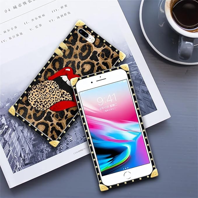 Compatible with iPhone 8 Plus 7 Plus Case, Brown Leopard Print Mouth Luxury Golden Decoration for Girl Women Soft TPU Shockproof Protective Hard PC Back for iPhone 8 Plus 7 Plus