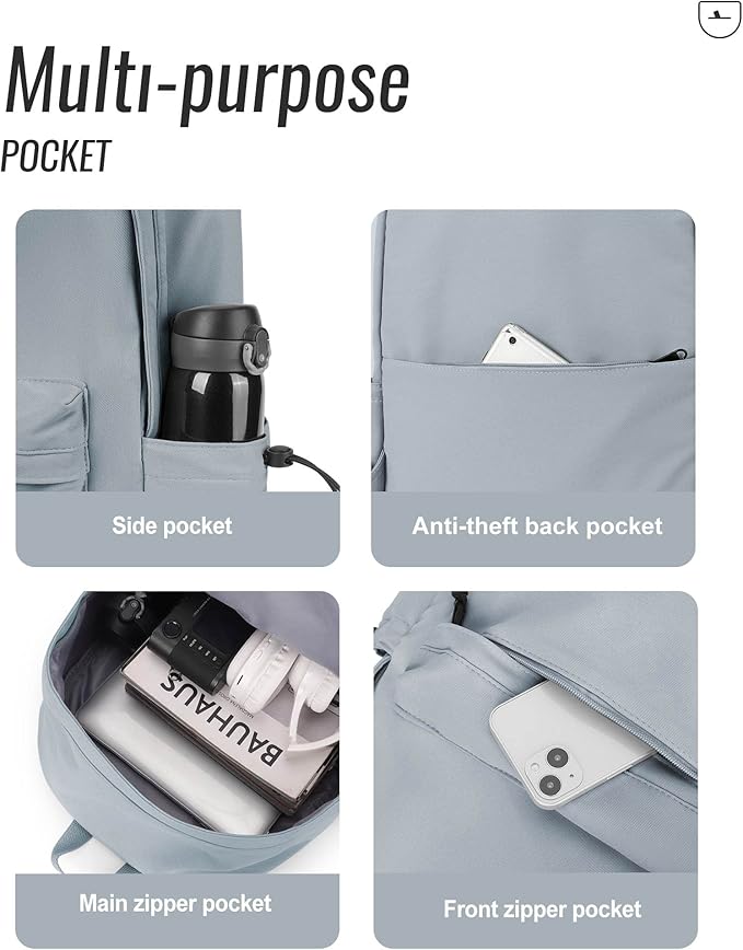 BJLFS Blue Simple School Backpack for Girls Boys, Waterproof Bookbag for Women Men, College Student School Bag, Lightweight Travel Rucksack Casual Daypack, Laptop Backpacks