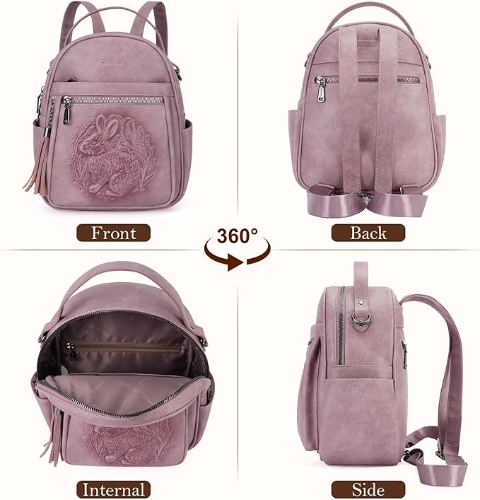 Mini Backpack Purse for Women,Embossed Leather Small Backpack Fashion Travel Backpacks Daypacks Shoulder Handbag (PURPLE-Rabbit)