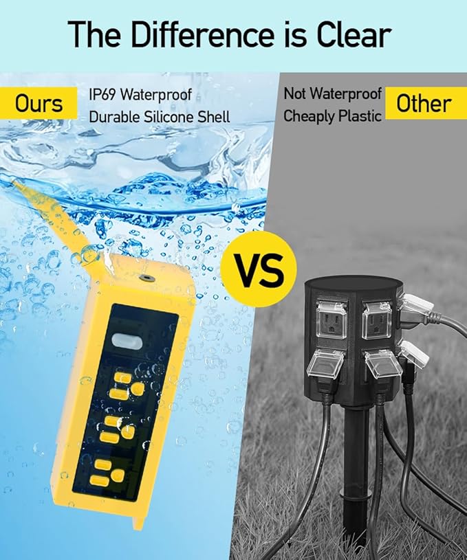 Outdoor Power Strip Weatherproof, ZZJ IP69 Grade Waterproof Surge Protector, 25 FT Outdoor Extension Cord with Stake, 6 AC Outlets,14 AWG Heavy Duty Cord for Outdoor Patio Garden-Yellow