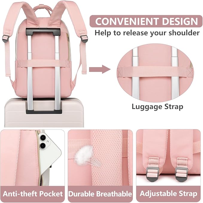 bagswan Laptop Backpack for Women Work - 15.6 Inch Travel Backpack Fashion Work Business Backpacks Purse Warterproof College Teacher Nurse Computer Daypack Beige Pink