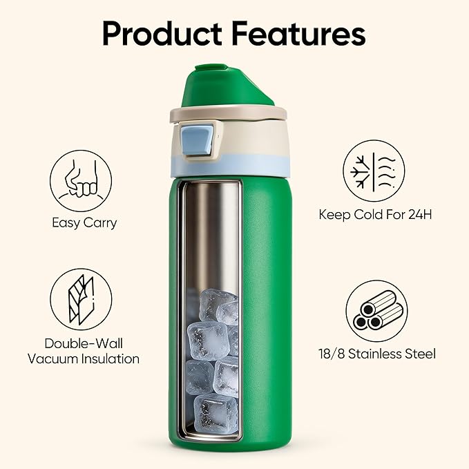 Fijinhom 24 oz Insulated Water Bottle with 2-in-1 Straw and Spout Lid, Stainless Steel Double Wall Vacuum Flask, Sports Water Bottle Keeps Cold 24H, Leak Proof for Gym, Outdoor, Travel (Green)