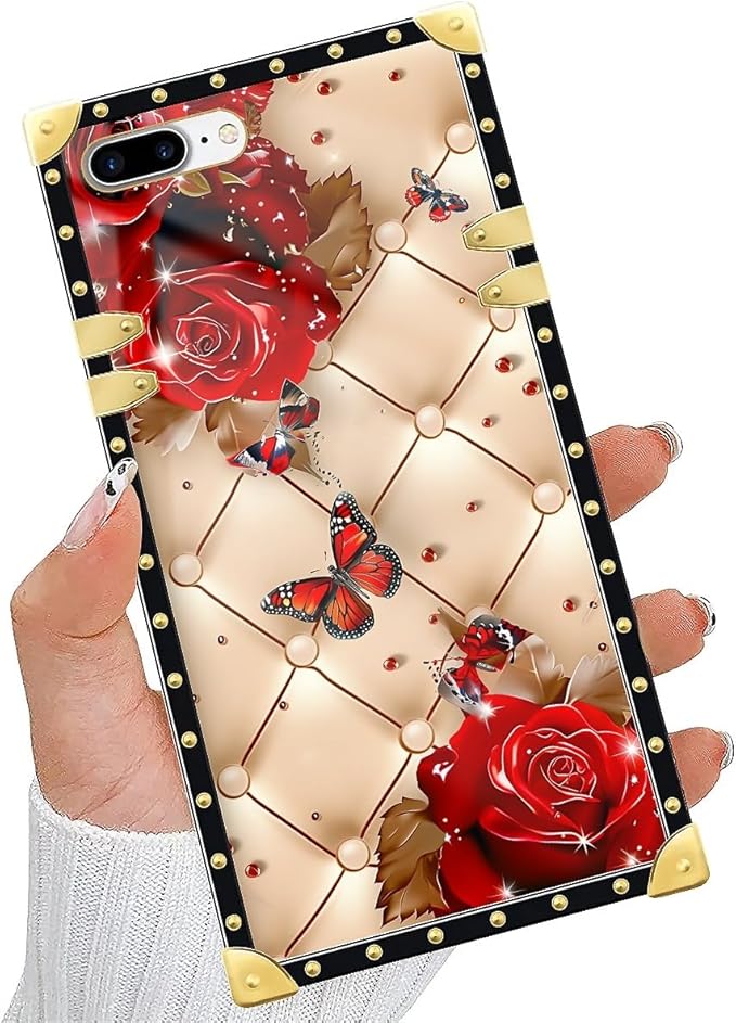 Compatible with iPhone 8 Plus 7 Plus Case, Shining Red Rose Butterfly Leather Background Luxury Golden Decoration for Girl Women Soft TPU Shockproof Protective Hard PC Back