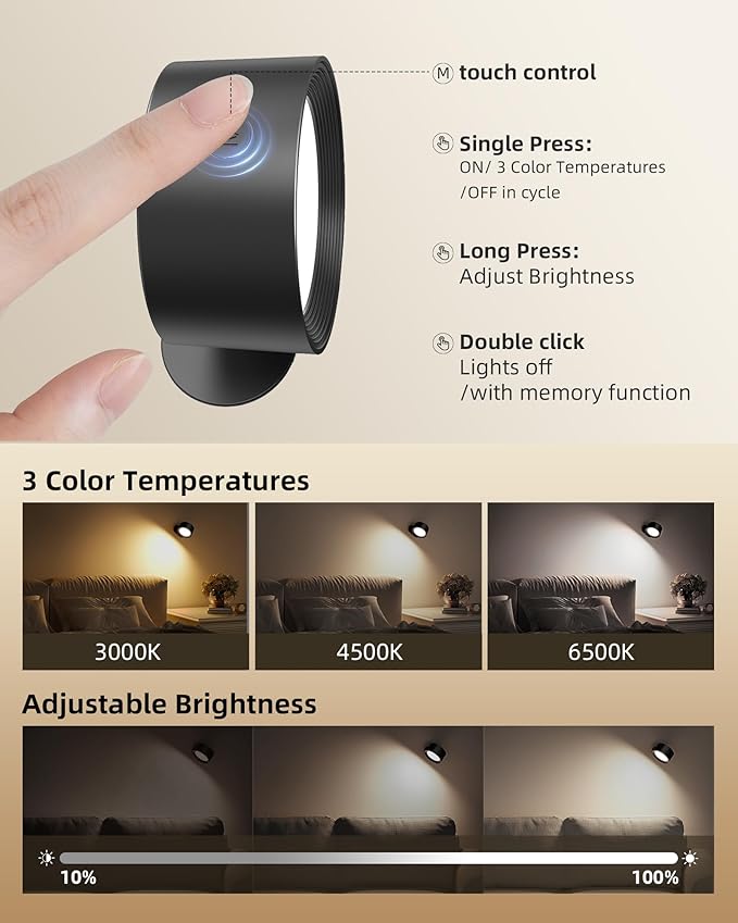LED Wall Mounted Lights, Rechargeable Wall Sconce Lamps, 3 Color Temps & Remote and Touch, 360° Rotation Dimmable Cordless Wall Light for Study Bedroom Reading Bedside (Black, 2 Pack)