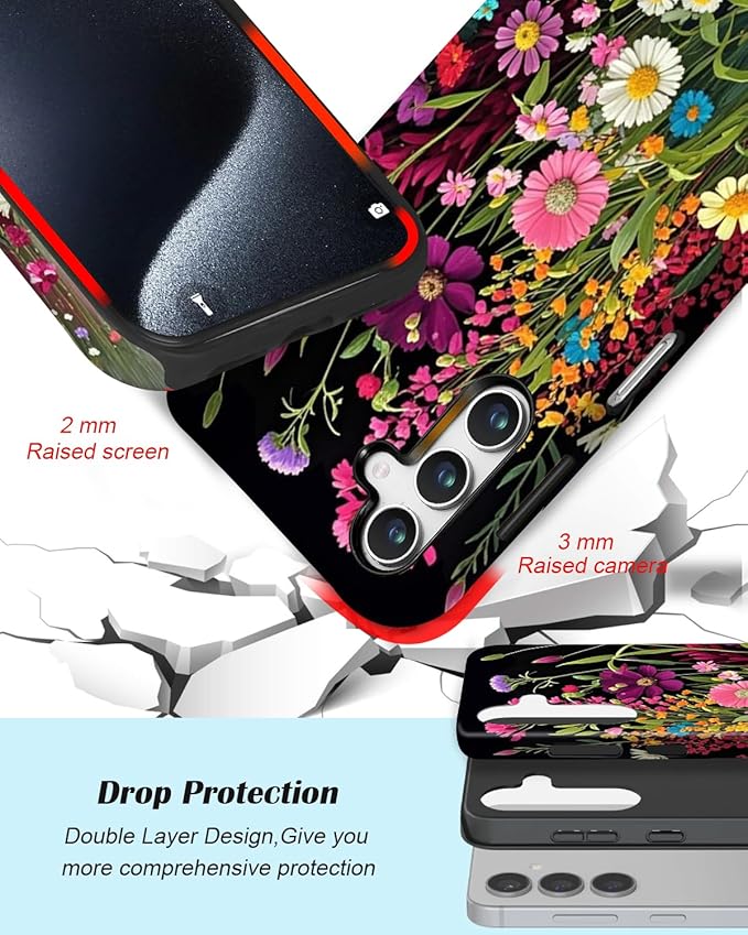 Compatible for Samsung Galaxy A37 5G Case, Dual Layer Heavy Duty 2 in 1 Shockproof Protective Phone Case,Beautiful Wildflowers