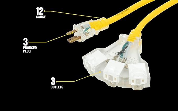 Southwire Outdoor Extension Cord - Power Light Indicator Cable for Heavy Duty Tools - SJTW - 12 Gauge - Water Resistant - High Visibility - Yellow - 50 Foot