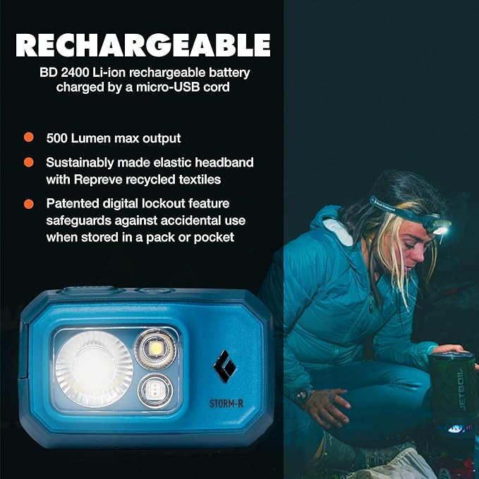 BLACK DIAMOND Storm 500-R Rechargeable Headlamp | 500 Lumens Brightness | Micro-USB Charging | Waterproof & Compact | Camping, Hiking, Running | Azul