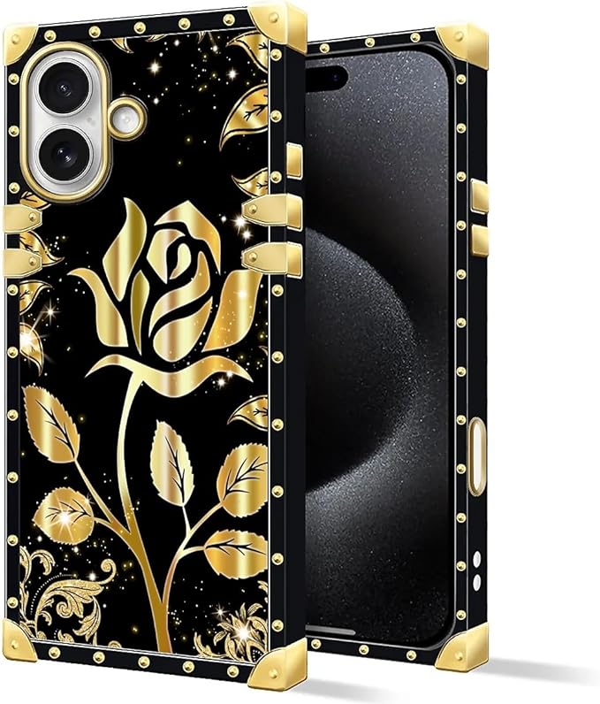 for iPhone 17 Case Luxury Golden Decoration for Girl Women Soft TPU Shockproof Protective Hard PC Back for iPhone 17 Crazy Pattern Shine Gold Rose