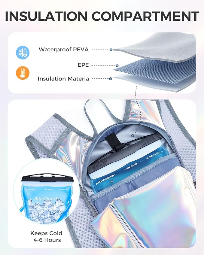 Blue Quartz Rave Hydration Backpack, Reflective Hiking Pack with 2L Water Bladder & Phone Pocket, Hydro Pack with Insulated Compartment for Festival Running Cycling for Men Women