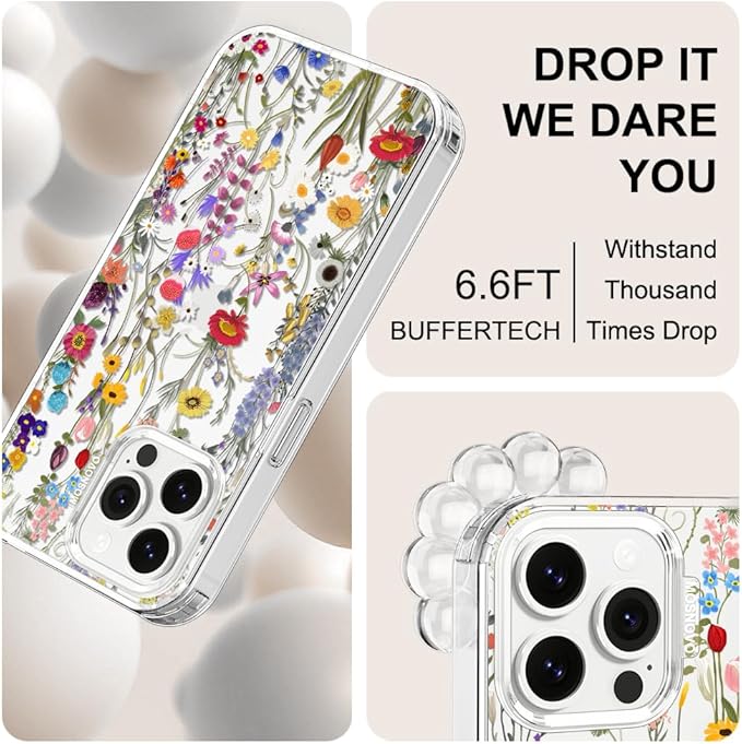 MOSNOVO Case for iPhone 13 Pro Max, [Buffertech 6.6ft Military-Grade Drop Protection] [Anti Peel Off Tech] Clear TPU Bumper Phone Case Cover Design - Wildflower Meadow