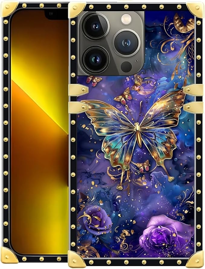 Compatible with iPhone 13 Pro Case, Glistening Golden Butterfly Vibrant Purple Blue Luxury Golden Decoration for Girl Women Soft TPU Shockproof Protective Hard PC Back