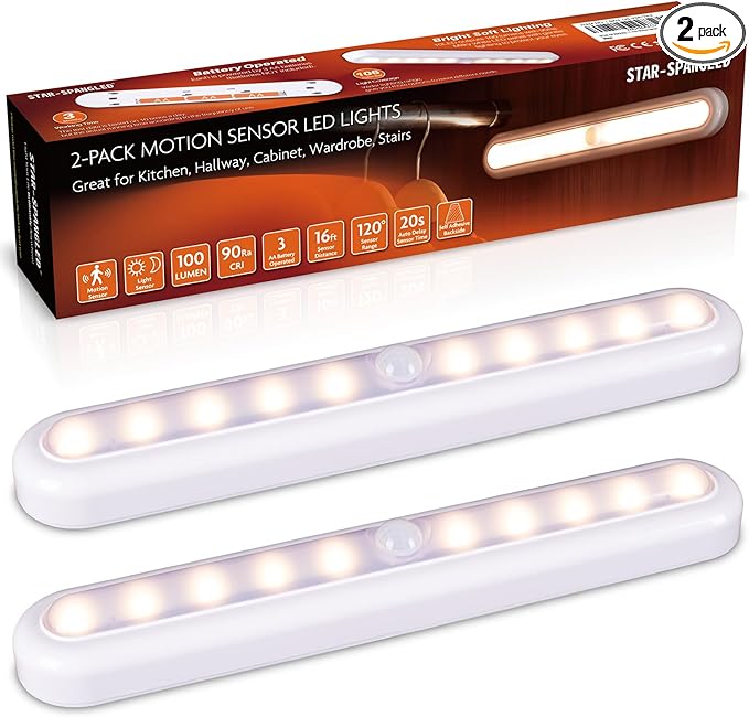 STAR-SPANGLED 11” Motion Sensor Lights Indoor AA Battery Operated, Stick on LED Light for Closet, Stairs, Under Cabinet, Kitchen, Warm White, 2 Pack