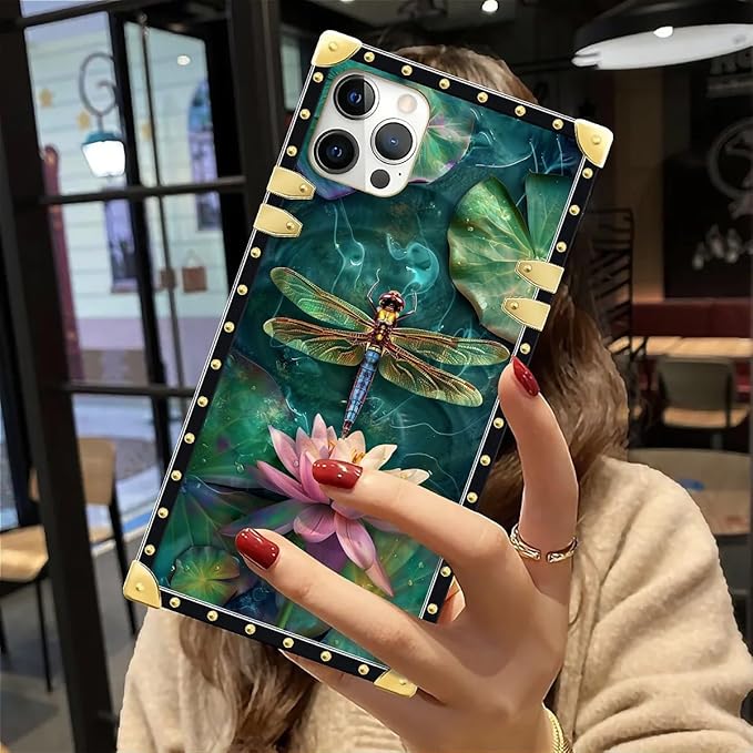 Compatible with iPhone 12 Case, Colourful Dragonfly Pink Lily Pads Luxury Golden Decoration for Girl Women Soft TPU Shockproof Protective Hard PC Back for iPhone 12 Pro