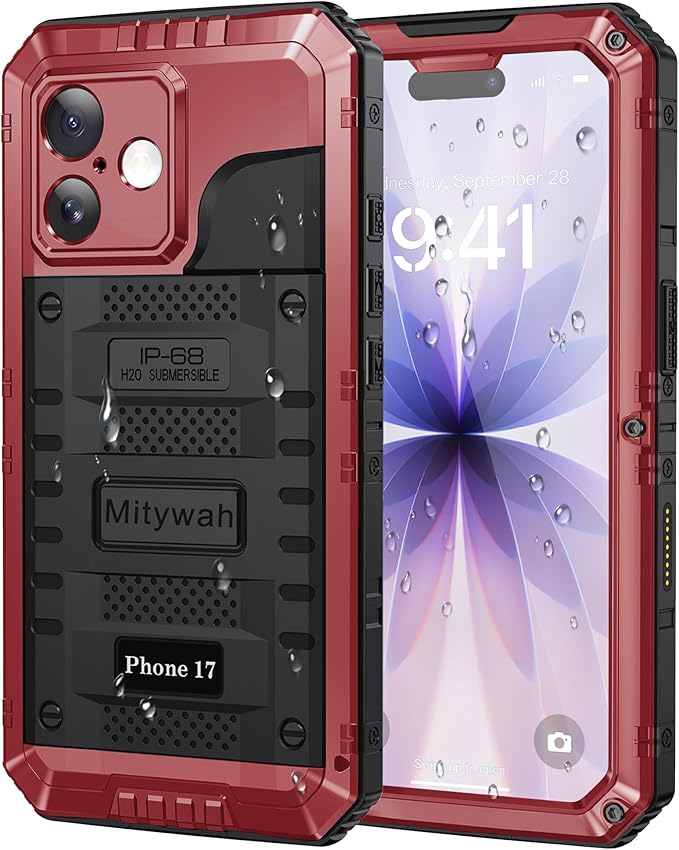Mitywah Waterproof Case for iPhone 17, Rugged Metal Case with Built-in Screen Protector, Heavy Duty Full Body Shockproof Protective Cover 6.3 inch, Red