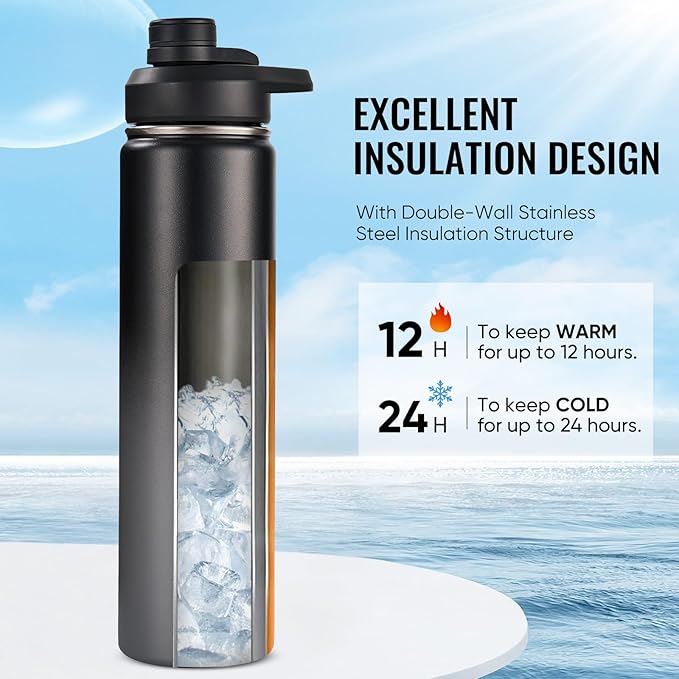 Fijinhom 24 oz Insulated Water Bottle with Handle, 304 Stainless Steel Water Bottles with 2 Lids, Double Wall Vacuum Sports Water Cup with Straw, BPA Free, Keep Cold and Hot, Black/Gray