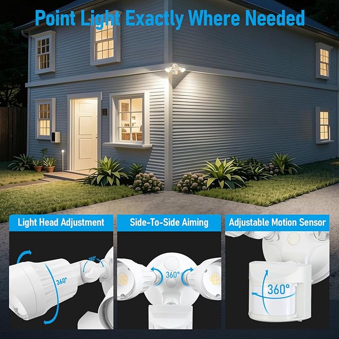 LEONLITE 3CCT LED Security Light, Motion Sensor Outdoor Lights, Dusk to Dawn, ETL Listed, Adjustable Heads, 3000K4000K5000K Selectable, Motion Detector Flood Light, Aluminum, IP65 Waterproof, White