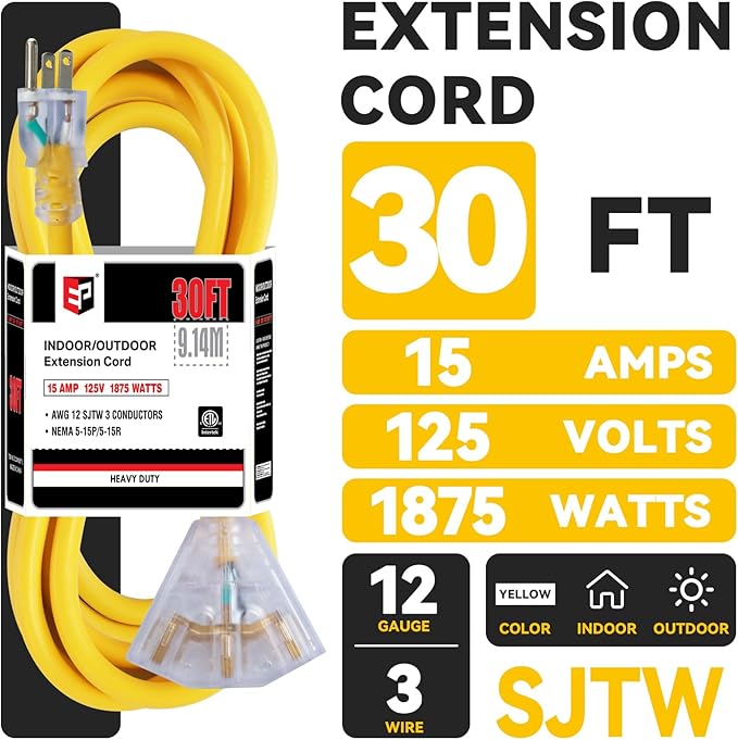 EP 30 Ft 12 Gauge Heavy Duty Extension Cord, 15A 125V 1875W, 3 Outlet Indoor/Outdoor Power Cord with Lighted End, 12/3 SJTW Weatherproof Yellow