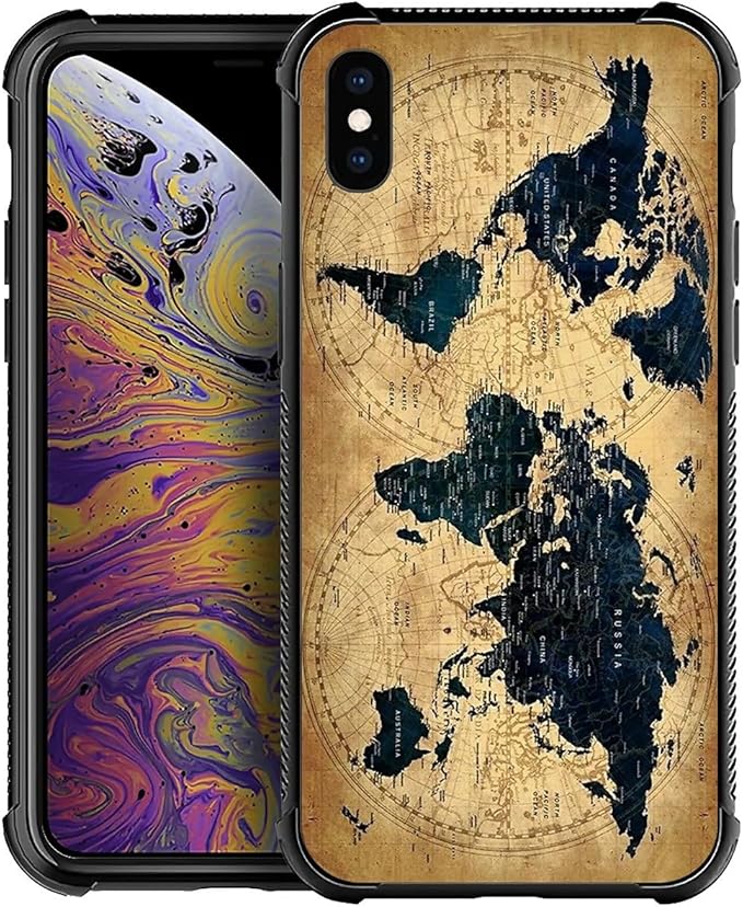 for iPhone Xs Max Case, Brown World Map Pattern Graphic Design Girl Boy Soft Silicone Hard Acrylic Shock Protection for iPhone Xs Max